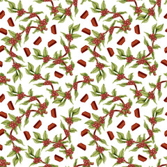 Seamless pattern of green leaves and red beans on white background.