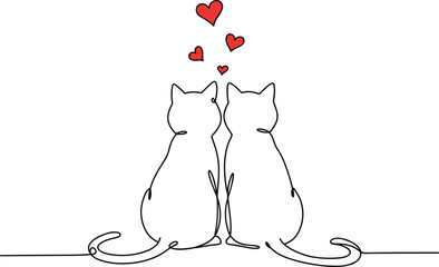 Romantic cat couple, minimalist line art, love hearts, Valentine's Day theme, pet lovers illustration, cute feline design, simple drawing, affectionate mood