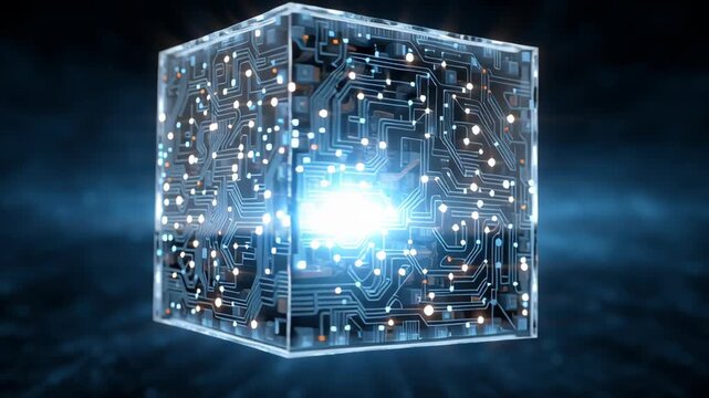 Glowing Holographic Cube with Intricate Tech Circuits Emitting Bright Light and Futuristic Aura in Dark Space