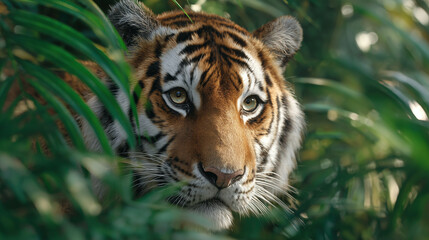 Fototapeta premium AI-generated image of a majestic Bengal tiger emerging from dense jungle foliage