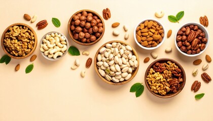 Obraz premium Assorted Nuts in Bowls with Green Leaves on Beige Background