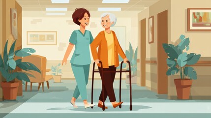 smiling nurse helping senior lady to walk around the nursing home no logos no brands ar 169