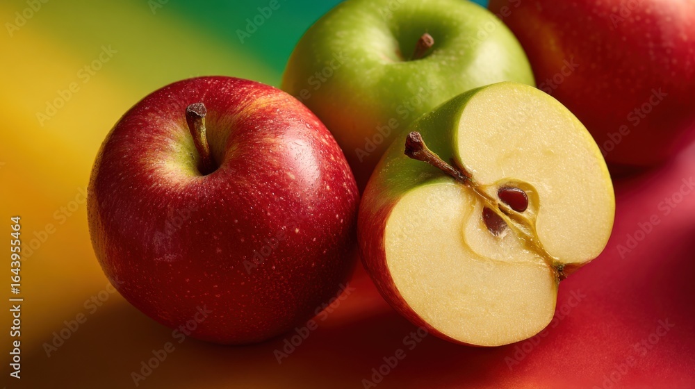 Aufkleber bright red and green apples rest on a vibrant multicolored background. one apple is sliced open to s