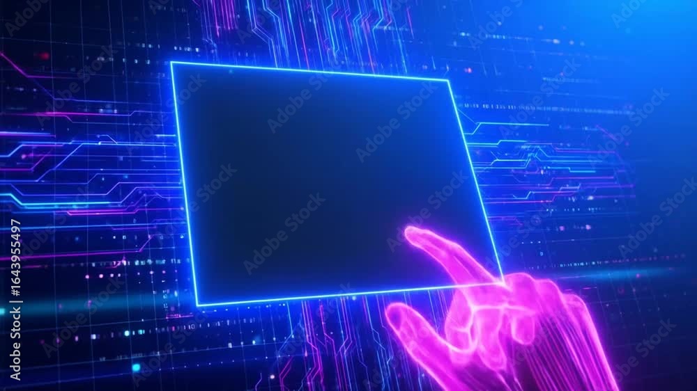 Fototapete futuristic interface with glowing hand touching screen and circuit board background and hi-tech