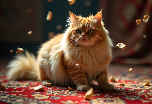 Um gato persa com pelo dourado-creme felpudo posou em meio a fragmentos flutuantes de tapete persa e padr&otilde;es de tinta em espiral