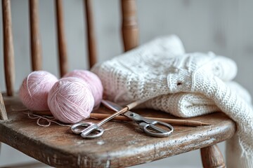 Pink yarn balls, unfinished white crocheted garment, knitting needles, and scissors rest on a rustic wooden chair against a blurred white background