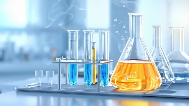Scientific laboratory scene with test tubes, erlenmeyer flask containing orange liquid, multiple glass containers on metal stand. Clean modern laboratory environment with blurred background.