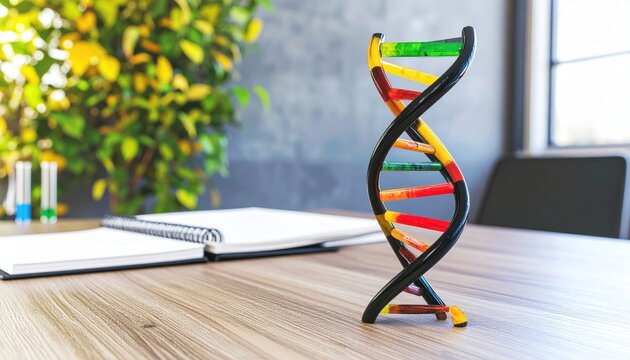 Colorful DNA Model on Desk with Notepad and Plants in Background