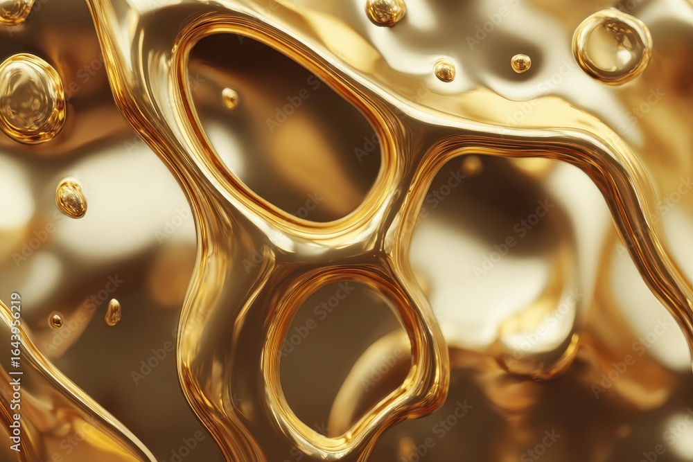 Poster Abstract golden liquid texture with flowing patterns and bubbles captured in a soft focus during daylight