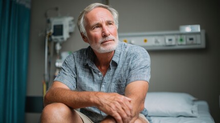 Thoughtful Senior Man in Hospital - An elderly man sits pensively in a hospital room, reflecting on his thoughts. The environment suggests a medical setting with equipment in the background.