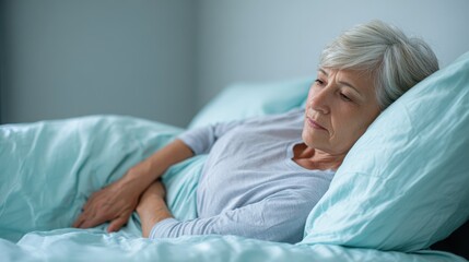 Thoughtful senior woman in bed - A senior woman rests in bed, appearing contemplative and serene. The soft bedding creates a calm atmosphere.