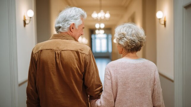 Elderly Couple Walking - An elderly couple walks hand in hand down a well-lit hallway. Their close bond is evident as they enjoy each other's company.