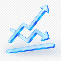 3D blue glass icon showing rising and falling arrows, symbolizing financial growth and decline, business trends and market analysis. Vector illustration.