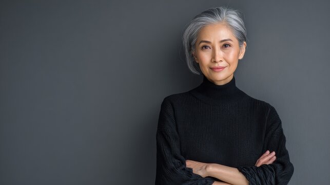 stylish confident adult 50 years old asian female psychologist standing arms crossed looking at camera at gray background portrait of sophisticated grey hair woman advertising products and services n - Powered by Adobe