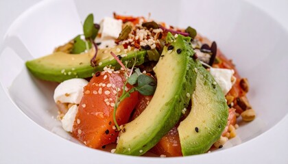 Fresh Avocado and Salmon Bowl with Colorful Vegetables and Seeds