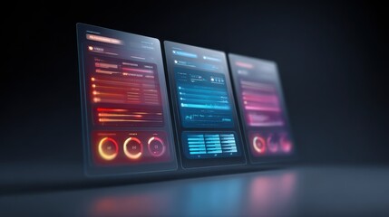 Futuristic User Interface Panels - Three illuminated user interface panels display various data visualizations in vibrant colors. The design suggests advanced technology and digital interaction.