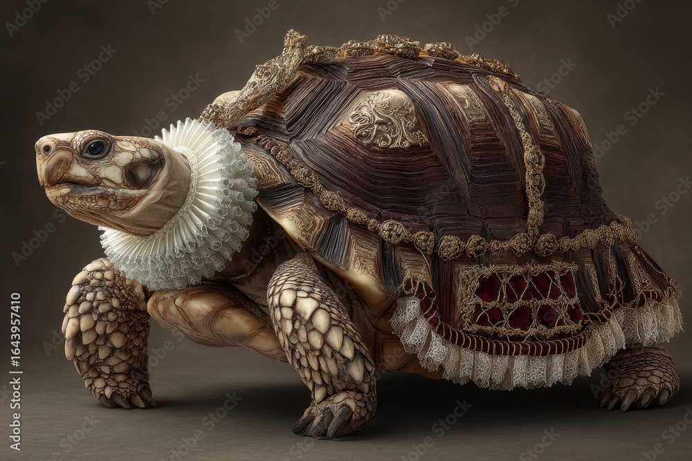 Poster uniquely adorned turtle with intricate costume details captured in elegant setting