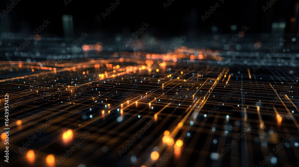 Poster glowing data stream across digital grid with abstract design