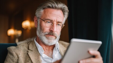 Senior Man Using Tablet - A mature man with a beard is focused on reading a tablet device. The setting is cozy and well-lit, suggesting a relaxed atmosphere.
