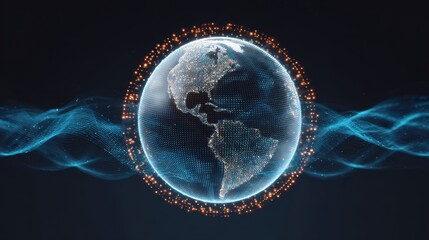 Digital Earth Visualization - A stunning digital representation of the Earth featuring illuminated continents and a glowing aura. The image showcases a futuristic design with flowing waves of light.