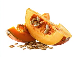 Two vibrant orange pumpkin slices, showcasing seeds and flesh, rest on a white background; a smaller piece lies beside them, scattering seeds