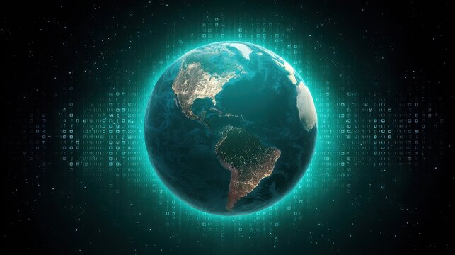 Digital Earth Representation - A visually striking depiction of Earth illuminated against a dark background, surrounded by binary code. This image symbolizes technology and global connectivity.