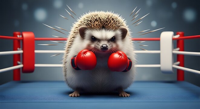 Cute Hedgehog Wearing Red Boxing Gloves Standing in Boxing Ring - Powered by Adobe