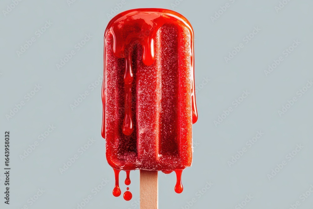 Aufkleber melting red popsicle drips under warm light showcasing vibrant color and texture in a delightful sum