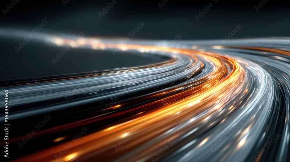 Poster glowing light trails twist and turn in an abstract design, showcasing movement and color against a d