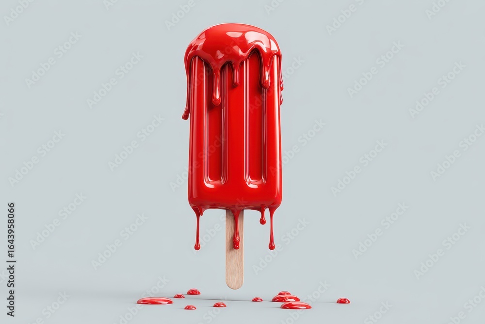 Poster bright red popsicle melting on a wooden stick with red droplets on a simple backdrop