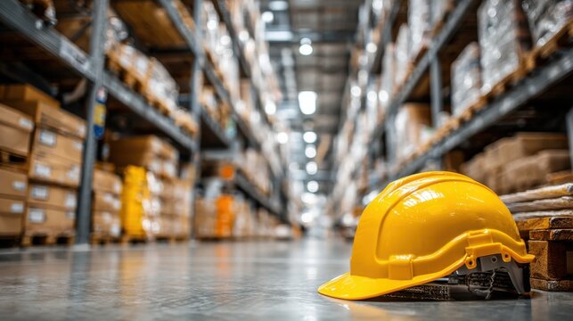 In a spacious warehouse, a bright yellow hard hat is placed on the concrete floor. The background shows tall shelves stacked with neatly organized boxes, indicating a busy work environment.