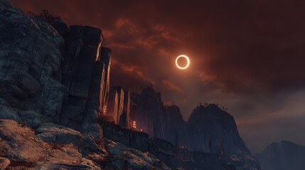 Fototapeta premium Glowing Runes on Cliffs Under an Eclipse with Dramatic Sky