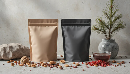 Healthy food ingredients, including bags with spices, decorate a wooden table for a festive Christmas meal