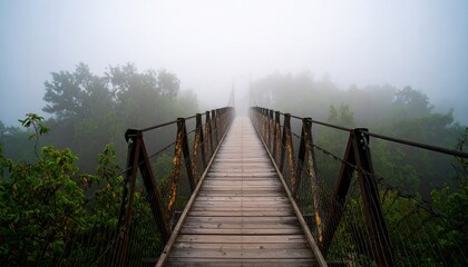 Obraz premium Long Suspension Bridge Emerging from Dense Fog in Serene Landscape