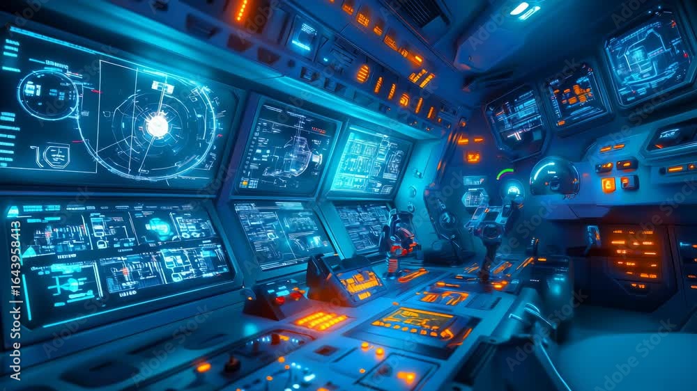 Aufkleber futuristic spaceship cockpit with multiple digital screens, holographic displays, control panels in 