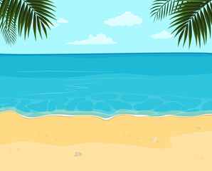 Tropical beach with palm trees, ocean and clouds in background