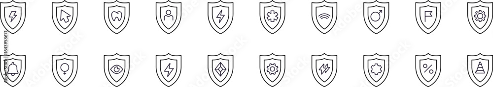 Poster shield related outline symbol set. contains icons of items in armor for graphic design, web sites, c