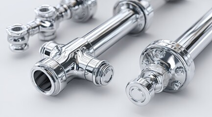 Polished chrome industrial piping components, valves, and flanges arranged on a white background, showcasing intricate details and reflective surfaces