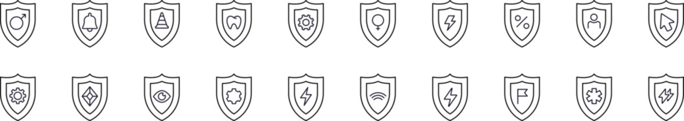 Shield Related Outline Symbol Set. Contains Icons of Items in Armor for Graphic Design, Web Sites, Cards, Books, Articles