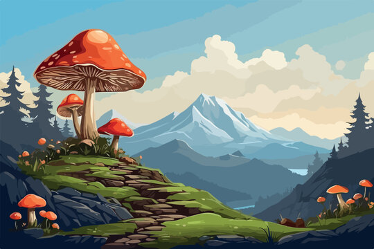 Mushroom in the mountain lendscape background .