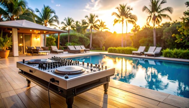 Outdoor DJ setup near poolside during sunset in tropical paradise