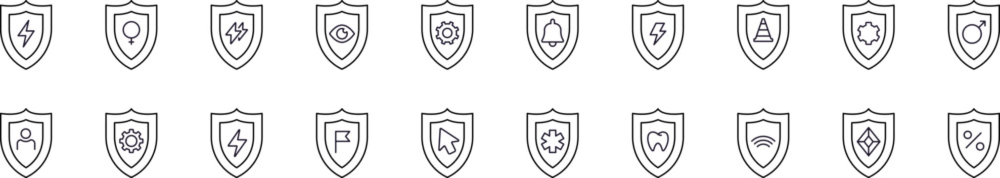 Shield Related Simple Icon Set. Contains Icons of Items in Armor for Graphic Design, Web Sites, Cards, Books, Articles