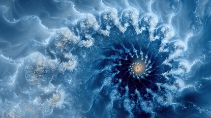 Intricate spiral design showcases a blend of vibrant blues and gentle whites, reminiscent of underwater ecosystems. The formation seems to dance and swirl, evoking a sense of tranquility.