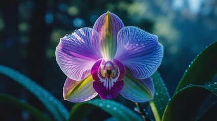 Dew drops on a vibrant purple and yellow striped orchid flower in soft light image photo
