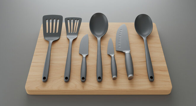 Kitchen utensils including spatulas, knives, and spoons arranged neatly on a wooden cutting board against a gray background. - Powered by Adobe