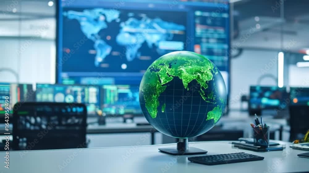 Poster global network operations center with globe and world map monitors shows earth data