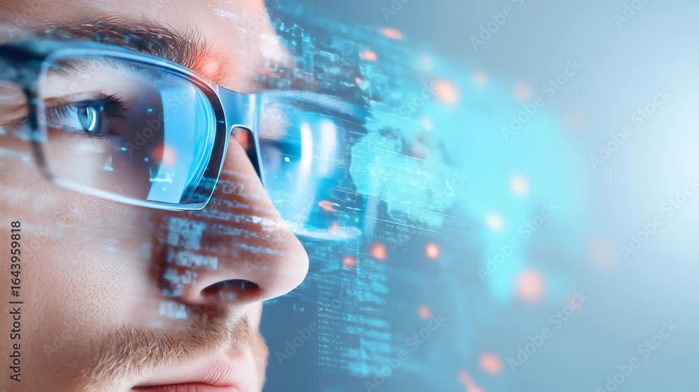Poster close-up of man wearing augmented reality glasses with digital data visualization, displaying futuri