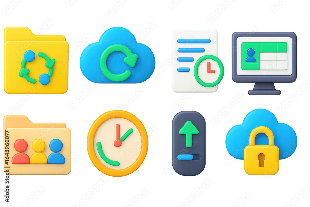 Poster set of icons for a computer desktop, including a clock, a file folder
