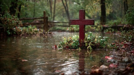 A red wooden cross stands in shallow water, surrounded by lush green plants and fallen leaves in a tranquil forest. Raindrops create ripples, enhancing the peaceful atmosphere.