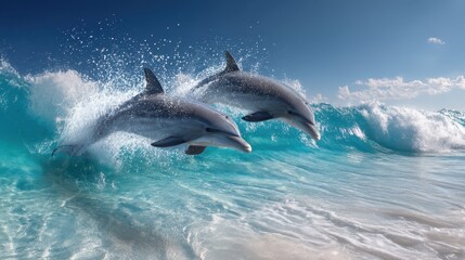 Fototapeta premium Happy Dolphins Jumping in Crystal Clear Ocean Waves